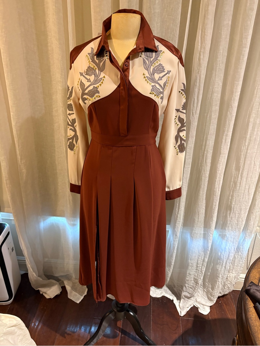 Glamorous Rust and Cream Embroidered Midi Shirt Dress